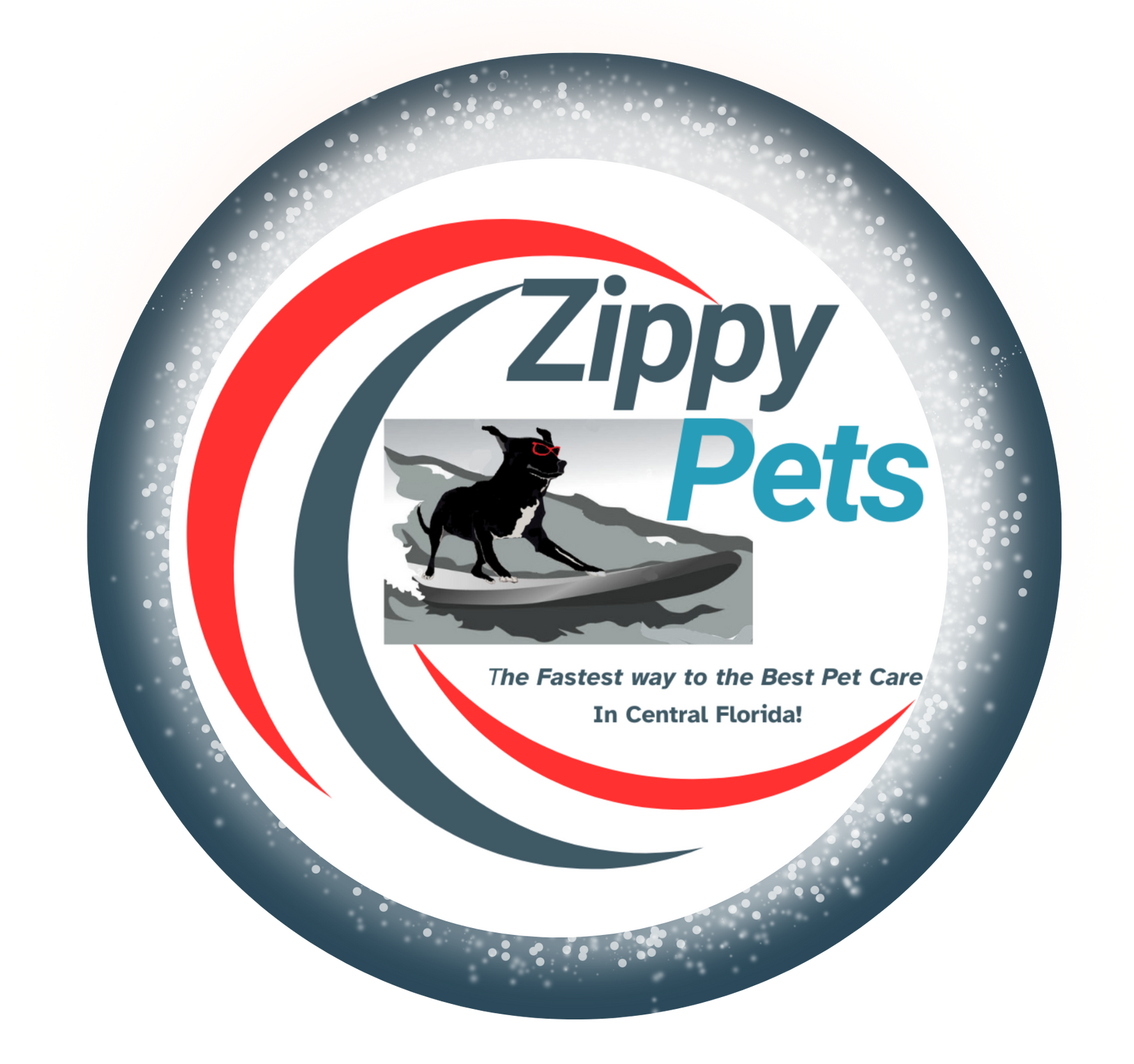 Zippy Pets logo: Surfing dog, red/gray swirls, text 