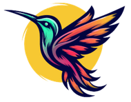 A colorful hummingbird is flying in front of a yellow circle.