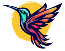 A colorful hummingbird is flying in front of a yellow circle.