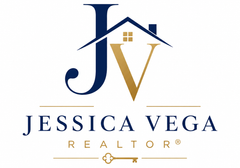 Jessica Vega Realtor logo with navy and gold JV monogram and house roof icon