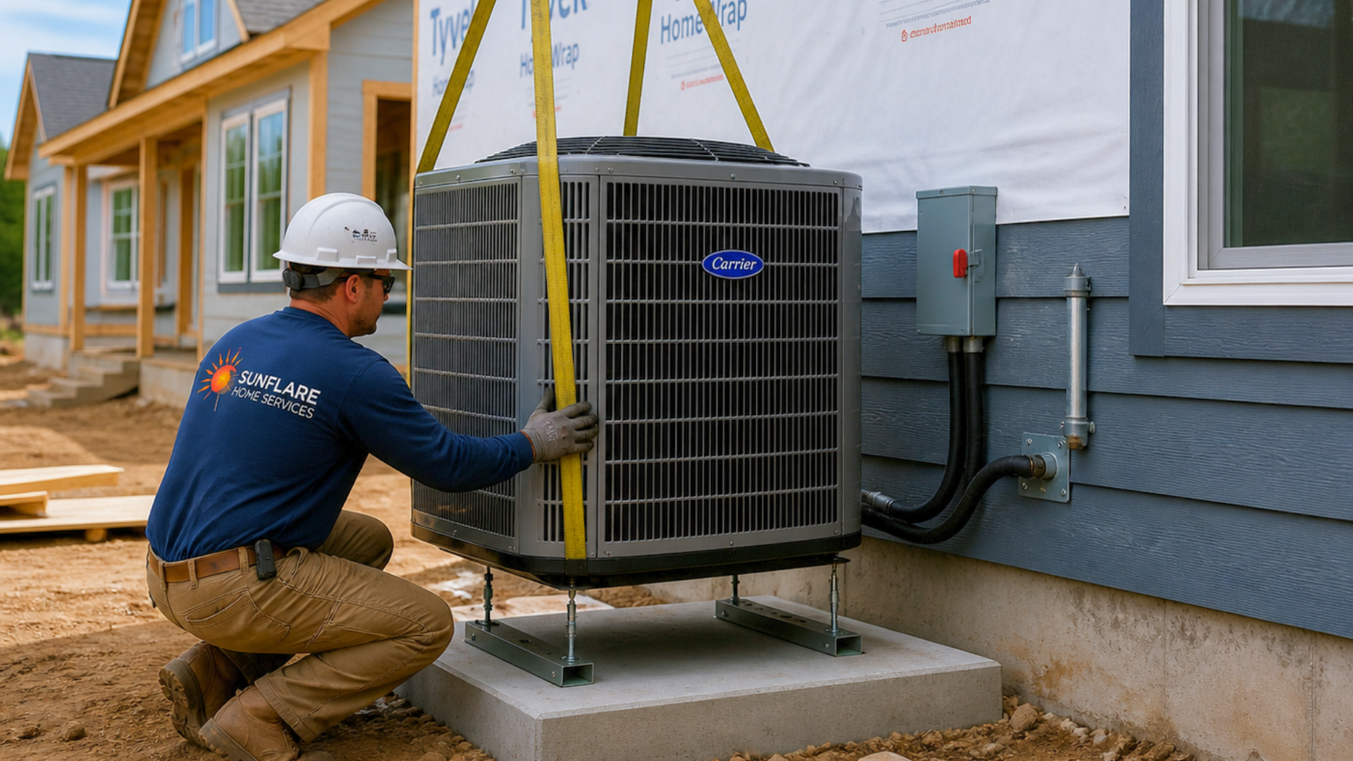 Technician installing a large outdoor HVAC unit beside a house on a concrete pad