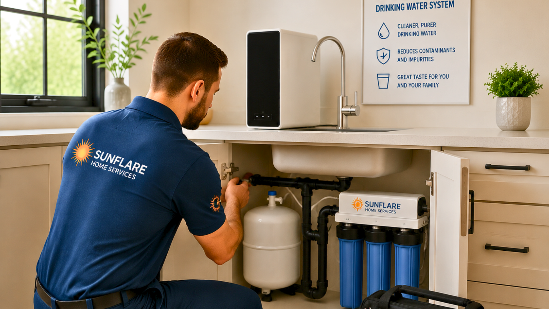 Technician servicing an under-sink water filtration system in a bright kitchen
