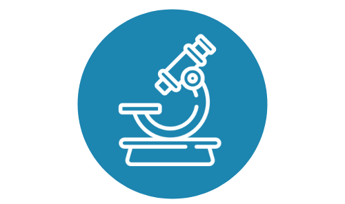 An icon of a microscope in a blue circle.