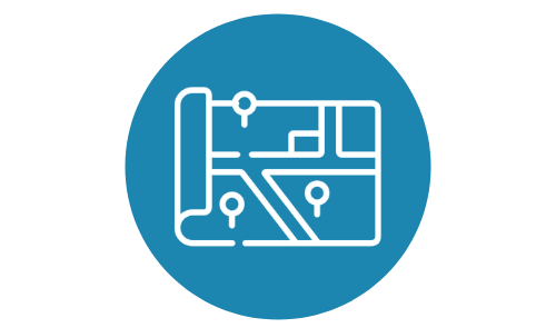 An icon of a map in a blue circle on a white background.