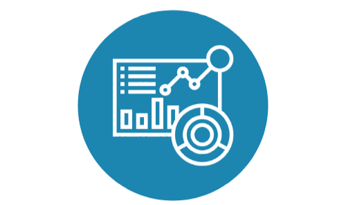 A blue circle with a graph and a pie chart on it.