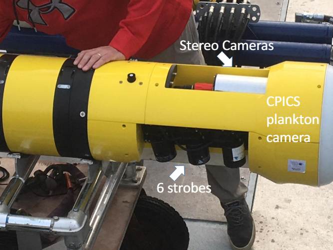 A yellow object with stereo cameras and cpics plankton cameras