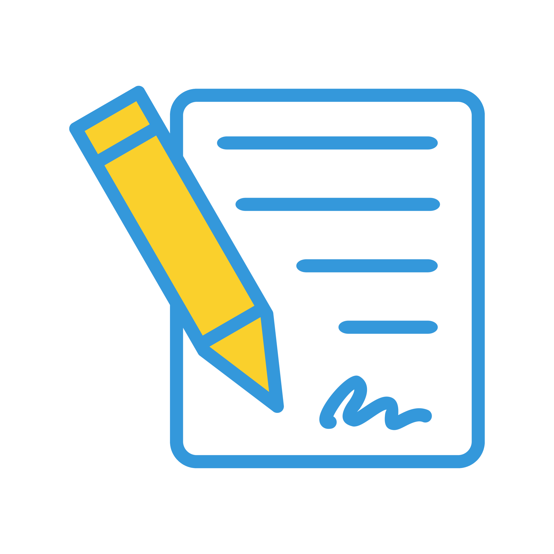 A yellow pencil is writing on a piece of paper.