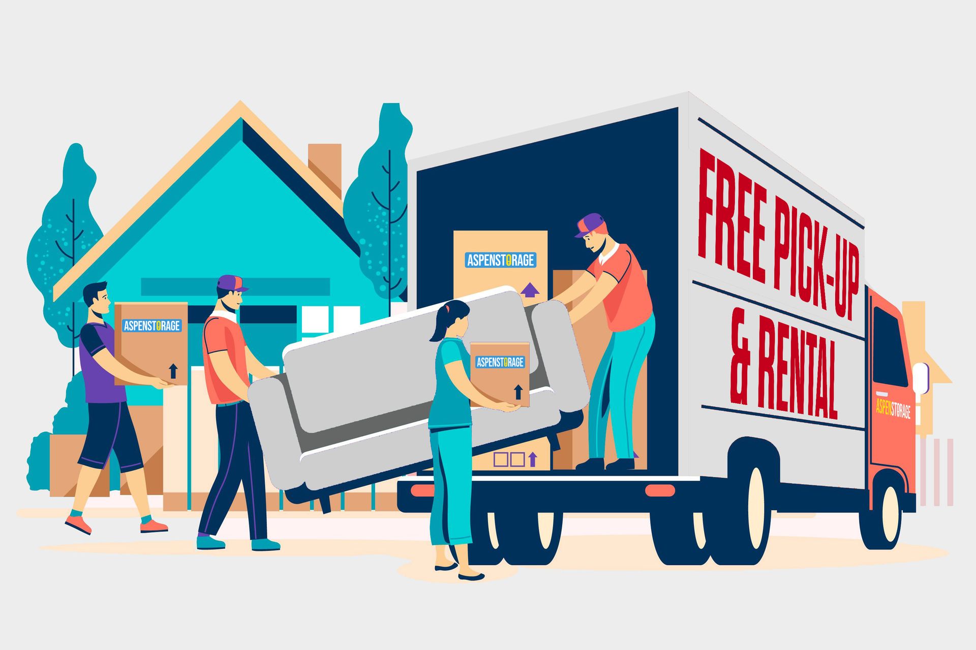 A group of people are loading a couch into a free pick up and rental truck.