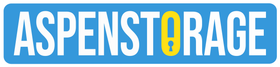 The logo for aspenstorage is blue and white with a yellow circle in the middle.