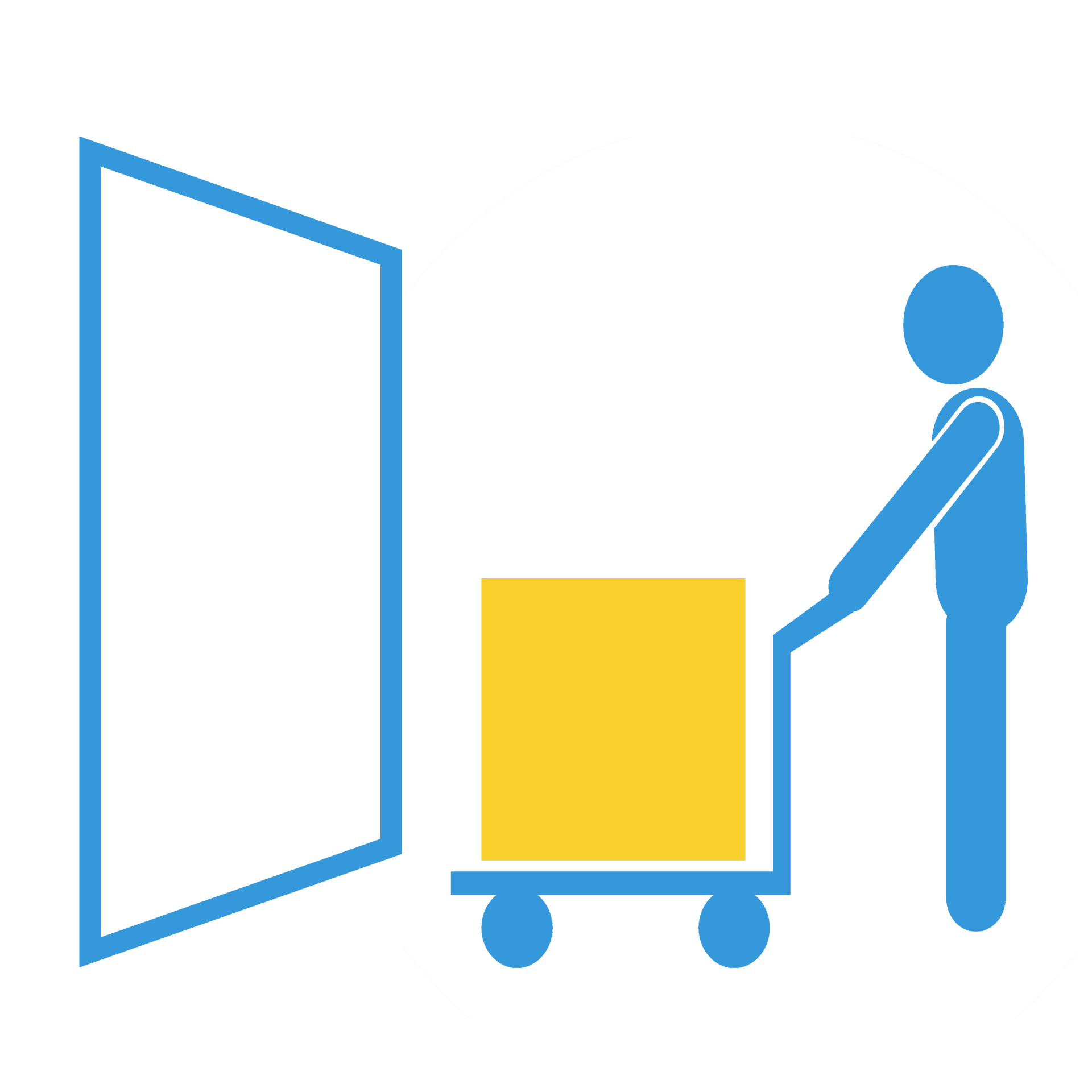 A man is pushing a cart with a yellow box in front of a door.