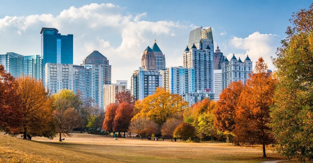 The Atlanta Skyline, seen from the park in fall.