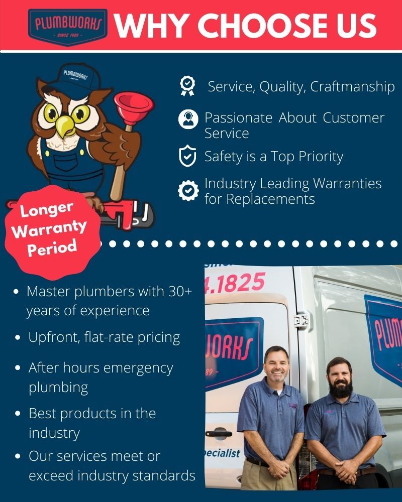 Flyer promoting Plumbworks plumbing services; features an owl mascot, plumbers, and text.