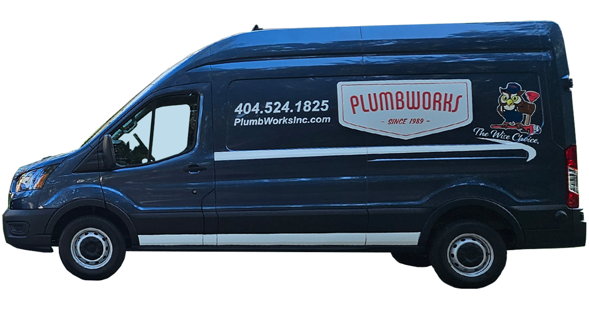 plumber service near me Dark blue Plumbworks service van with logo and phone number.