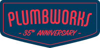 Logo for Plumbworks, a plumbing company, celebrating its 35th anniversary. Red text on a blue shield.