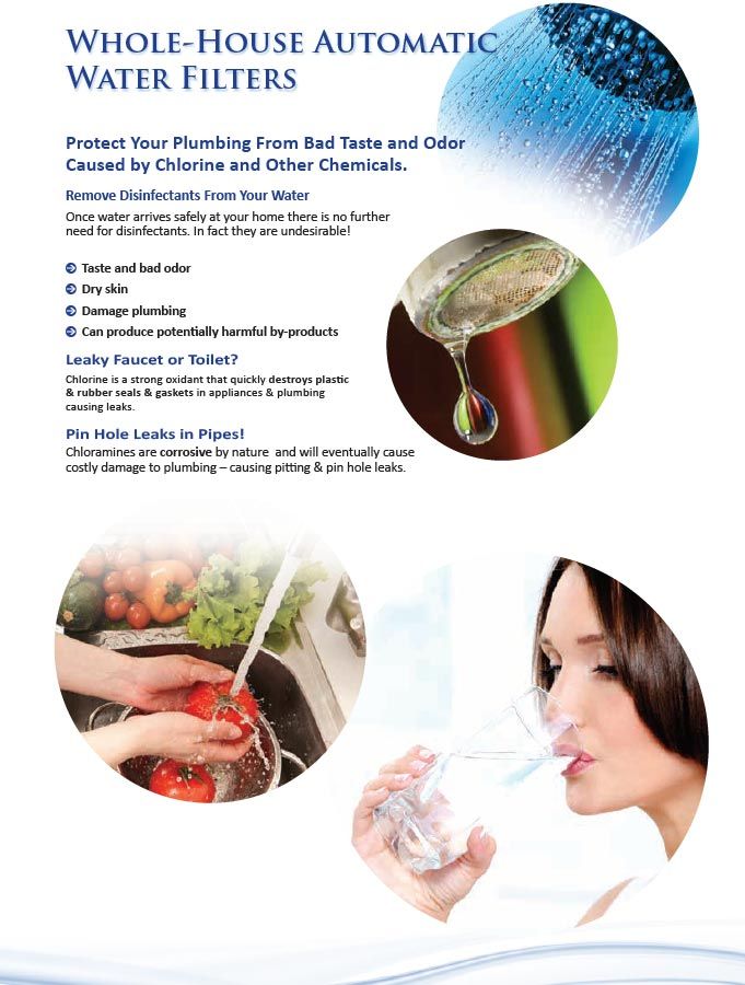 Advertisement for whole-house water filters. Features water, produce, woman drinking, and text promoting the benefits.