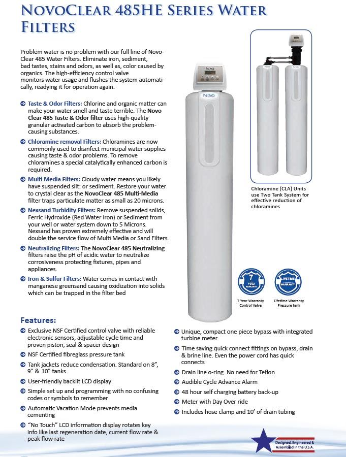 NovoClear 485HE series water filter product advertisement with filter tower and features list.