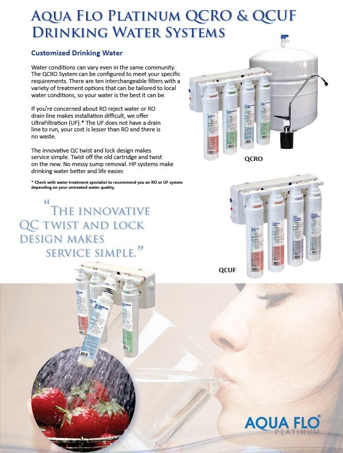 Aqua Flo water system ad. Displays filter units, a water tank, strawberries, and a person drinking water.