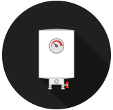 White water heater with red temperature gauge and orange valve, in a black circle.