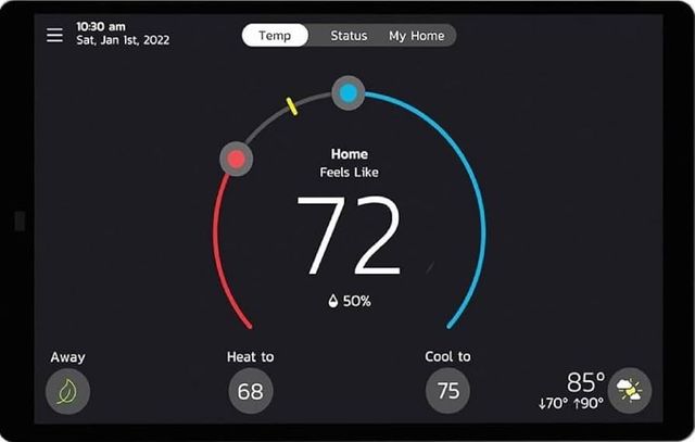 Smart thermostat displaying 72 degrees in a living room, with a red/blue temperature scale.