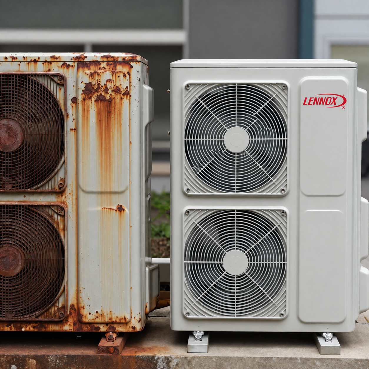 Rusty old and new white HVAC units side by side outdoors, showing replacement comparison