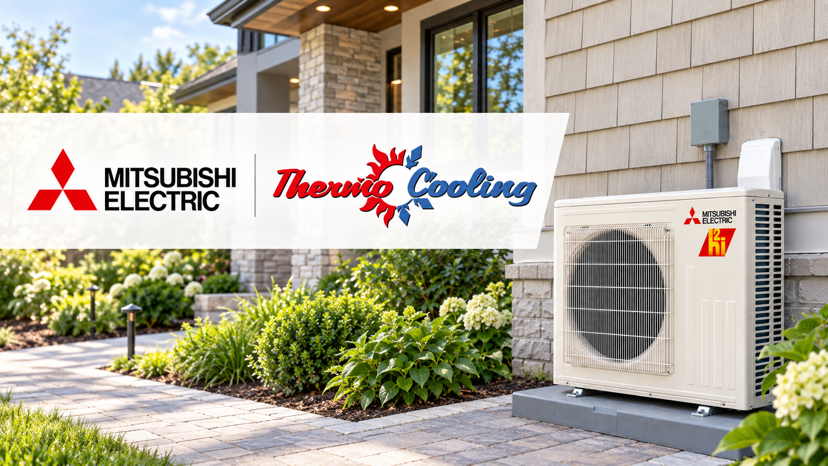Mitsubishi Electric and Thanku Cooling logo over a home HVAC outdoor unit by a house and shrubs