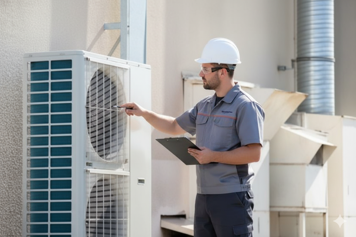 HVAC technician inspecting an air conditioning unit outside a building, holding a clipboard and pen.