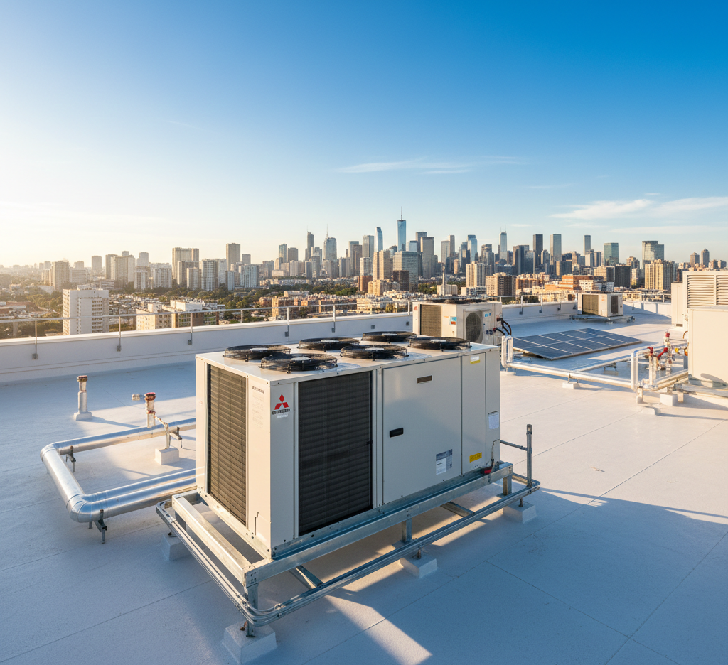 Rooftop air conditioning unit with city skyline in the background on a clear, sunny day.