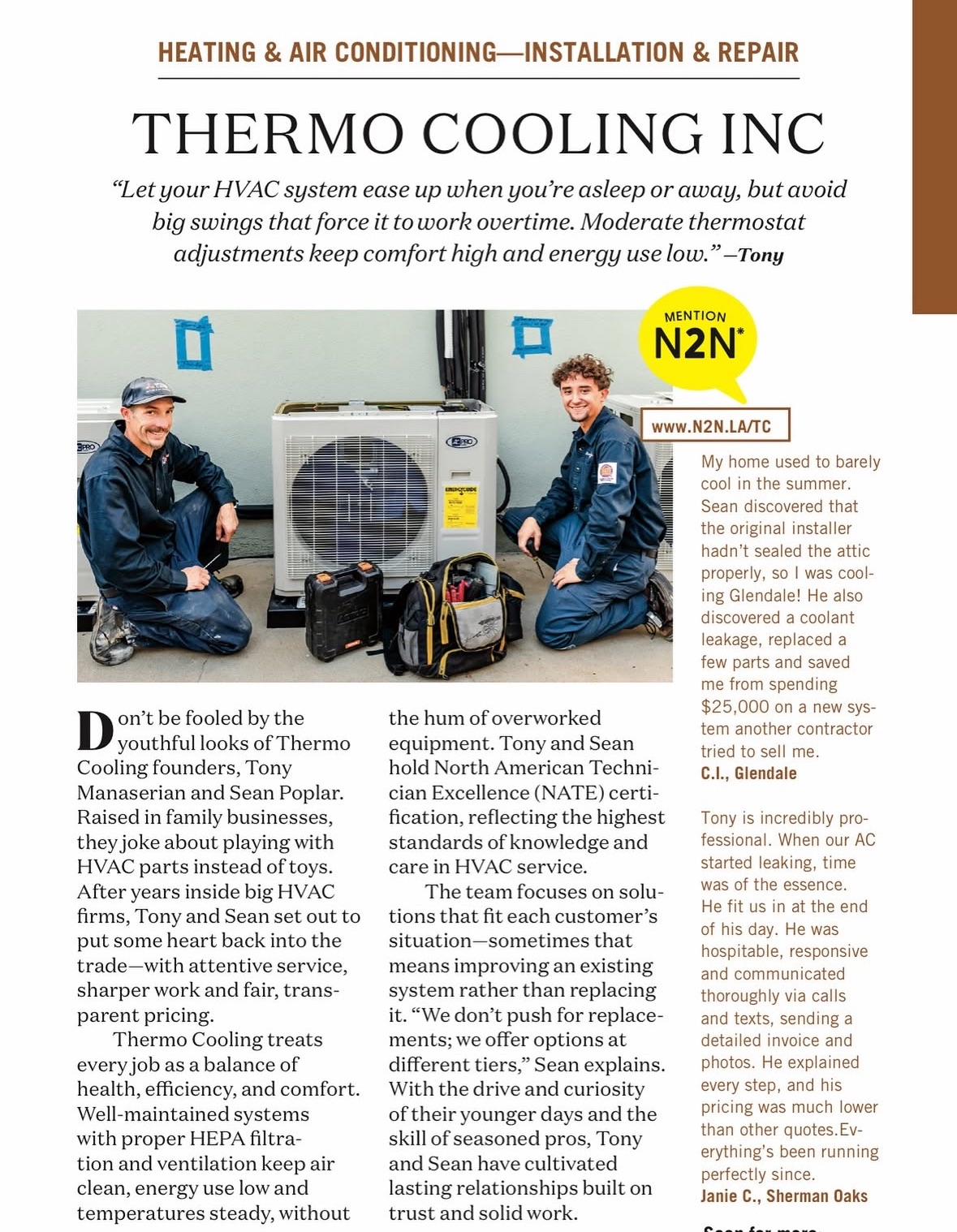 Thermo Cooling Inc. magazine ad with HVAC technician beside a silver outdoor unit and large headline.