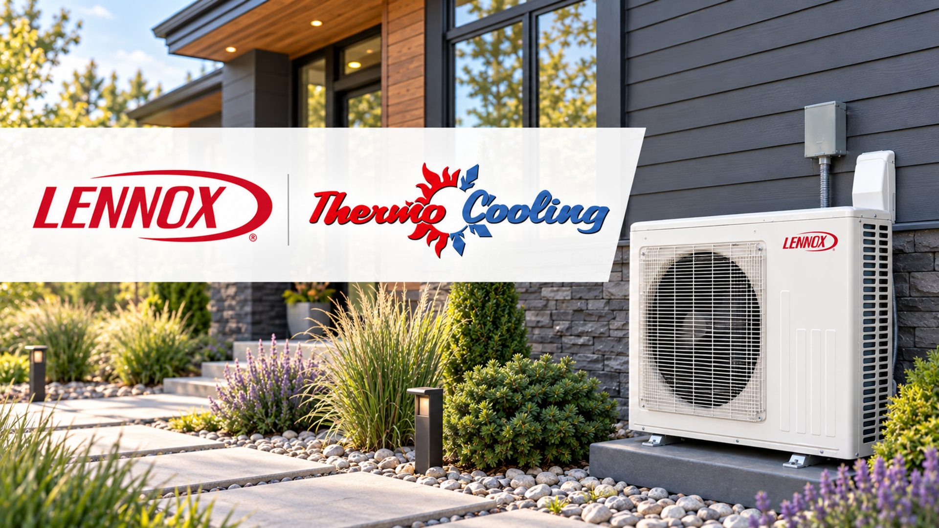 Lennox and Therrien Heating Cooling logos over a home exterior with a Lennox AC unit by the house
