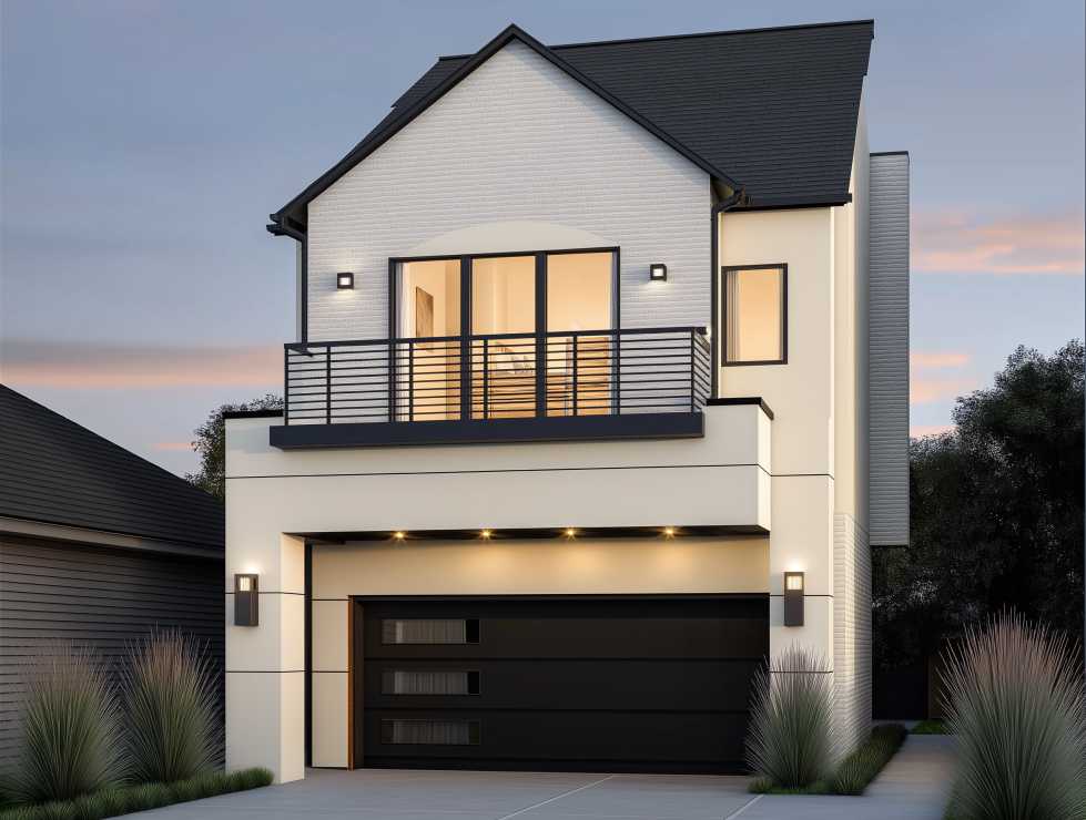 Modern two-story house under construction with black garage door and balcony. 