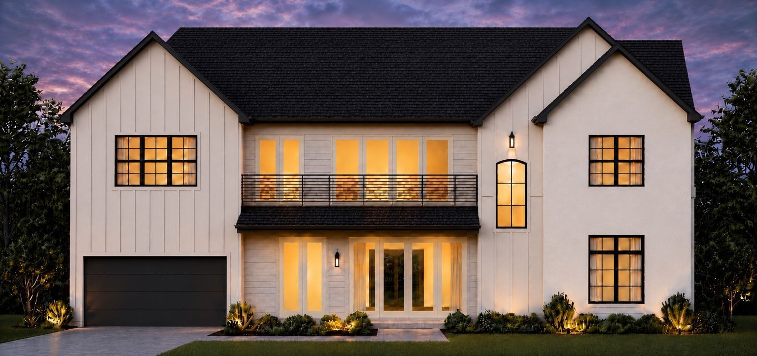 Side elevation rendering of Bomar with covered outdoor living and upper balcony