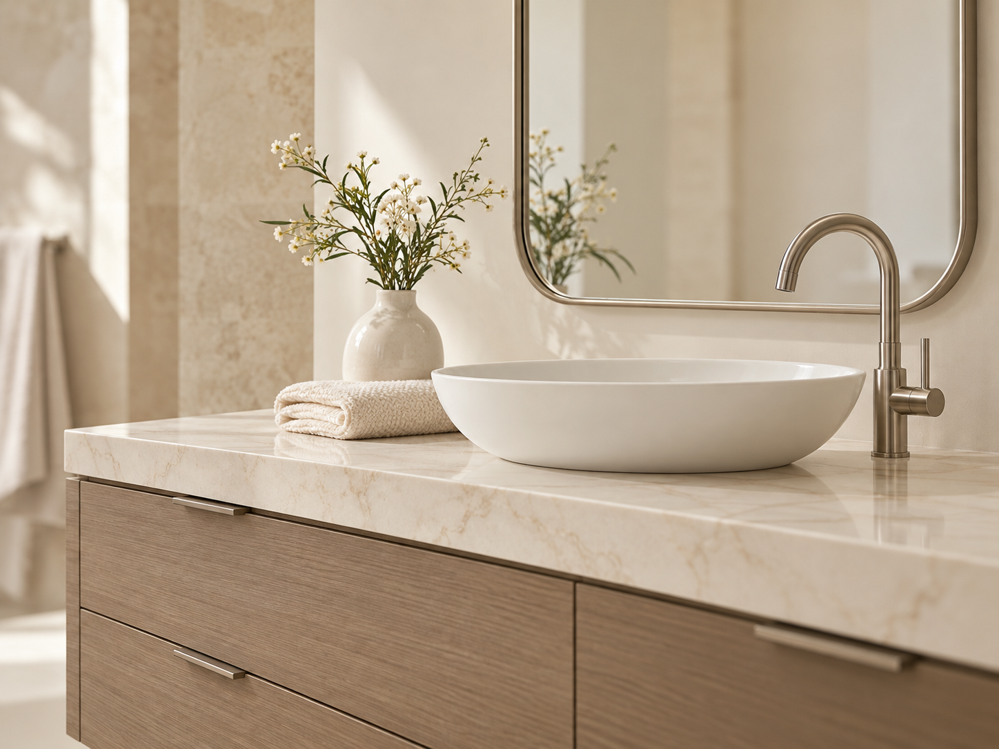 Illustrative primary bathroom vanity concept inspired by Driscoll