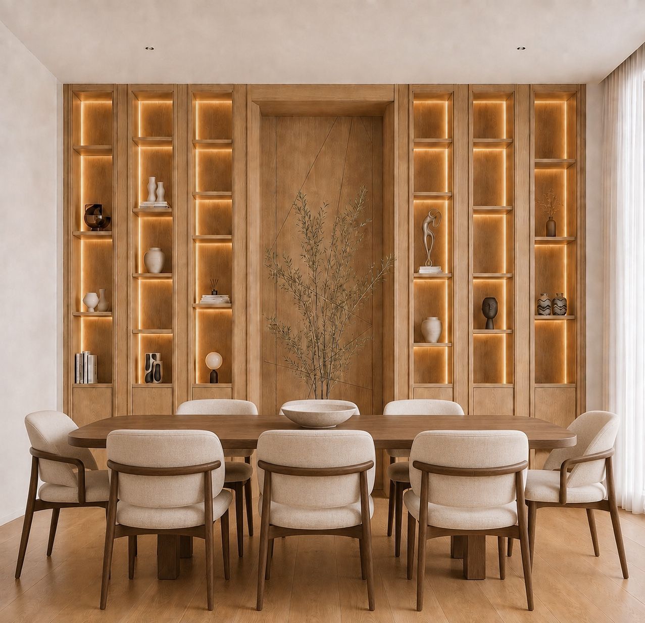 Bomar dining concept with warm oak shelving