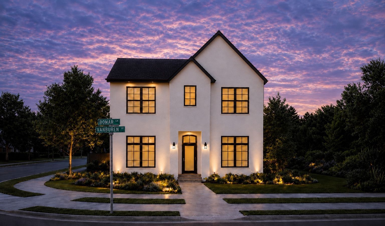 Bomar exterior rendering with pale gabled facade and warm evening lighting