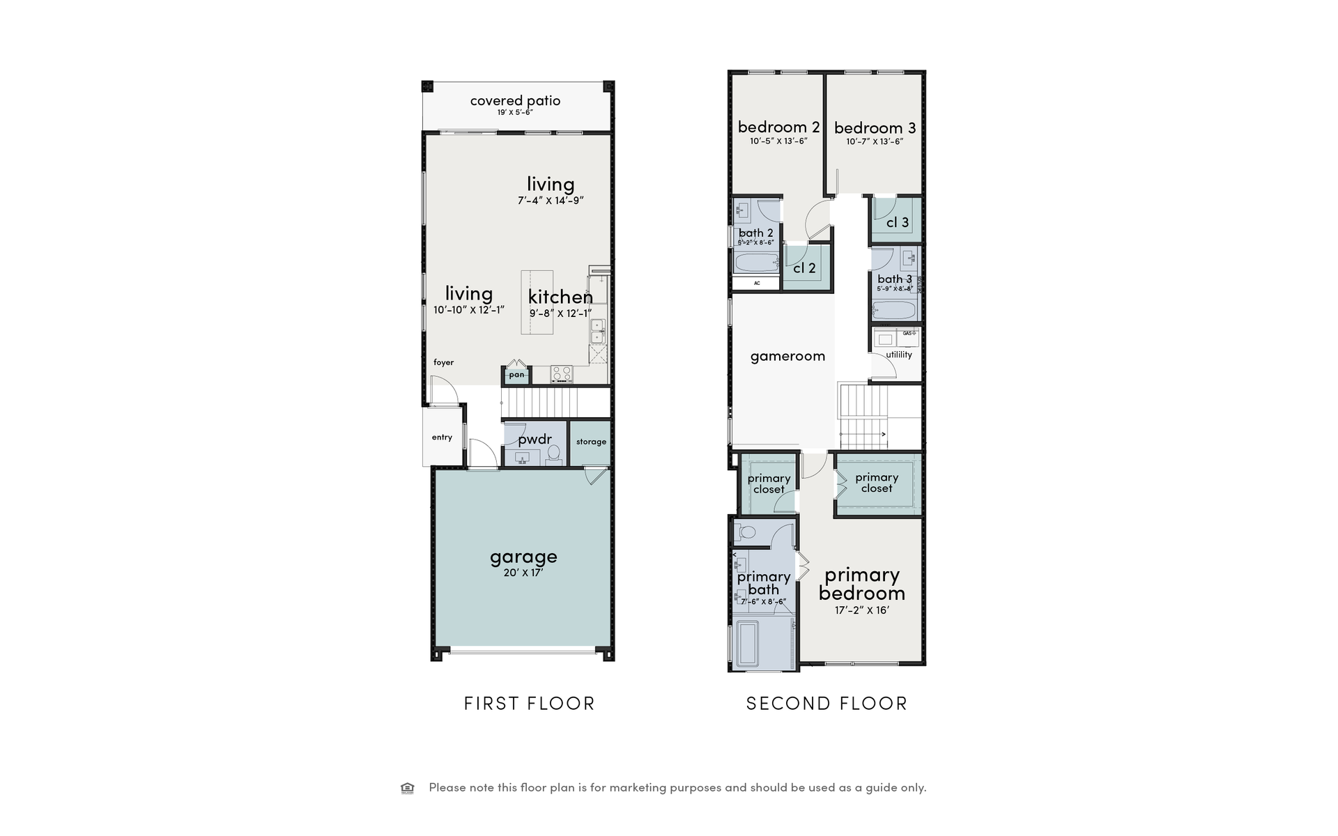 Floor plans of a two-story townhouse: first floor with living area, second floor with bedrooms.