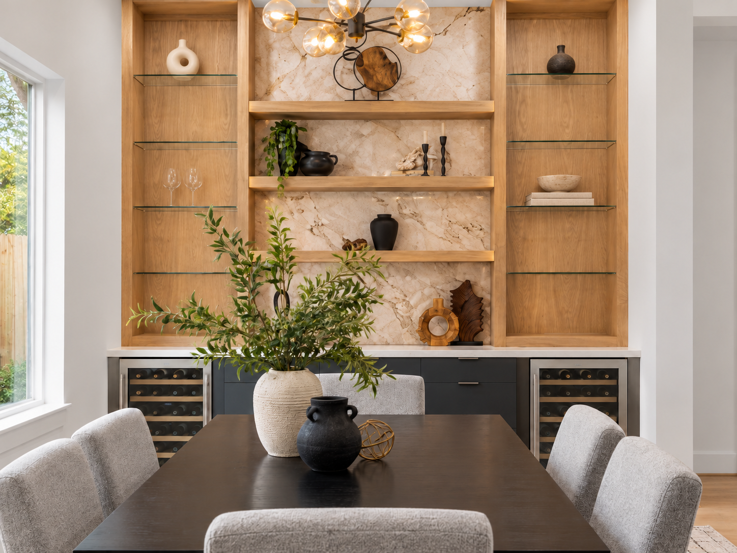 Willard dining room visualization with wood shelving and wine coolers