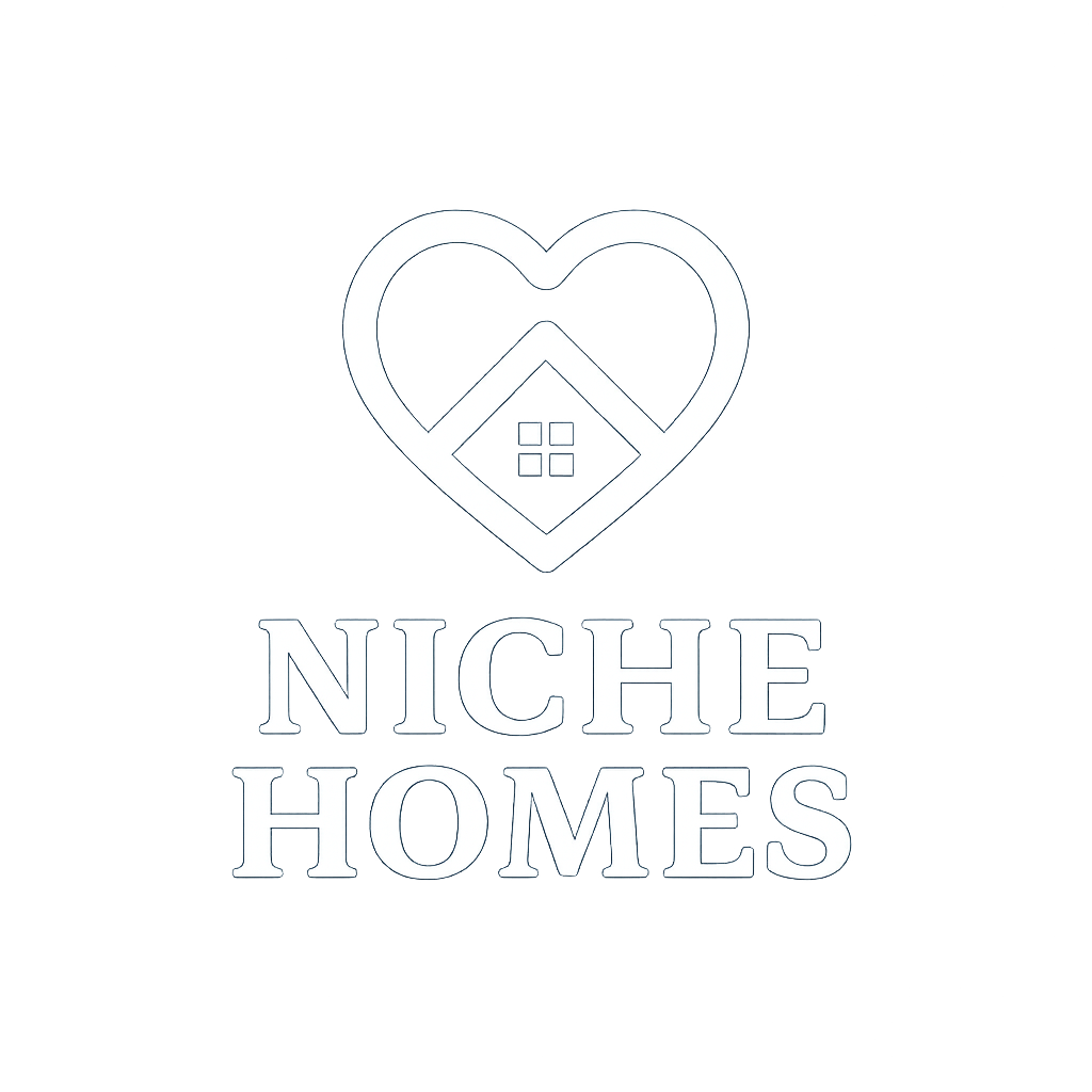 Logo for Niche Homes: a cream-colored house outline with a heart inside, on a navy background