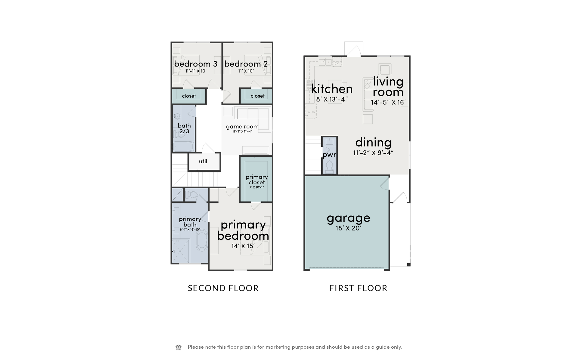 Floor plan: Two-story home layout. Second floor: 2 bedrooms. First floor: Kitchen, living room, dining, and garage.