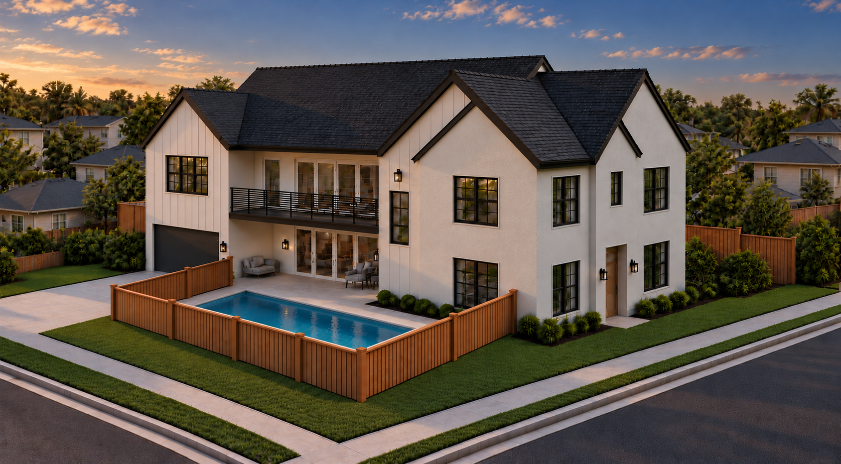 Evening rendering of Bomar Residence with a proposed pool, covered patio and balcony in Montrose, Houston. Pool not included.