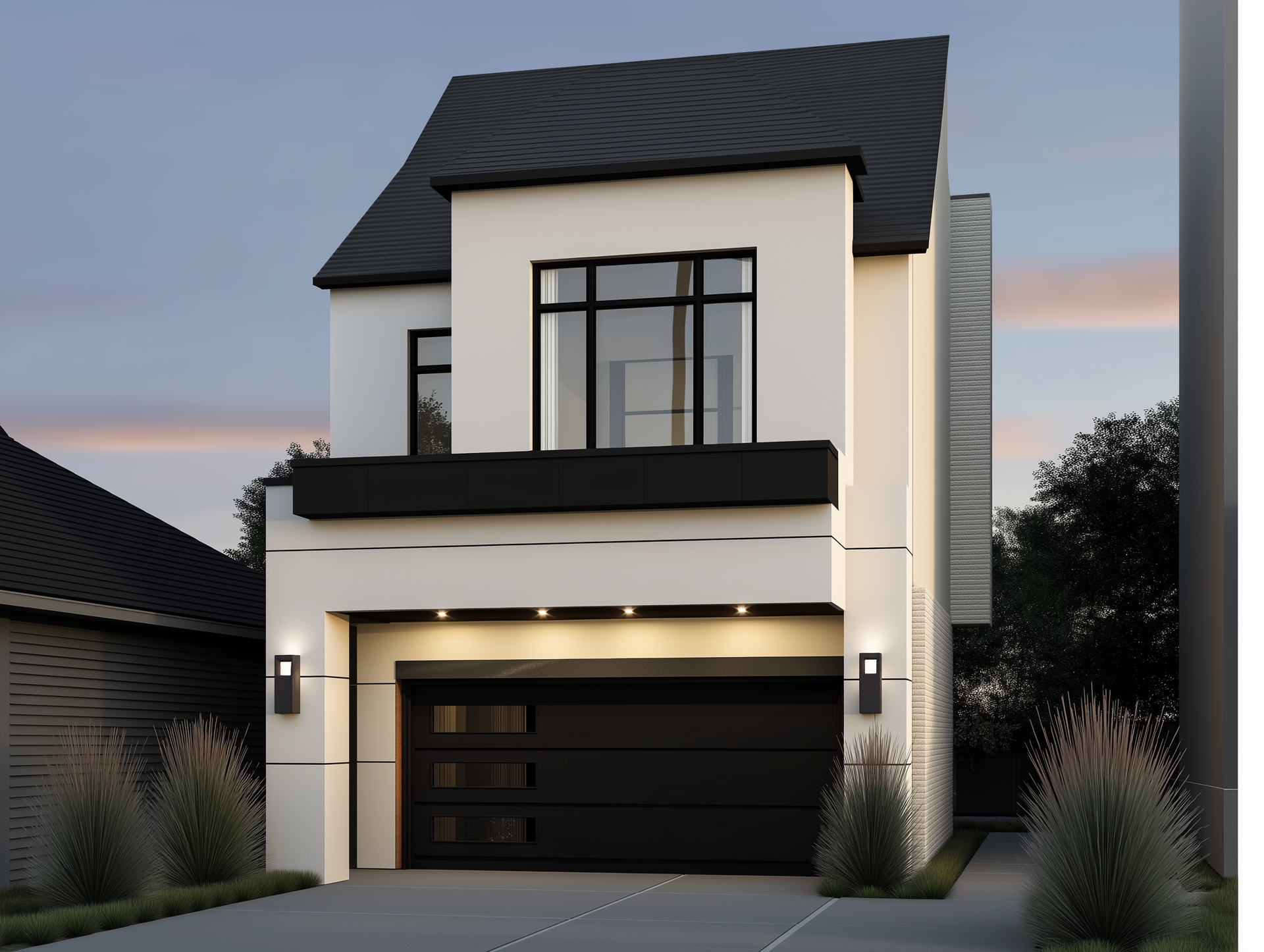 Modern two-story house with black roof and garage, white exterior, and black accents. Dusk setting.