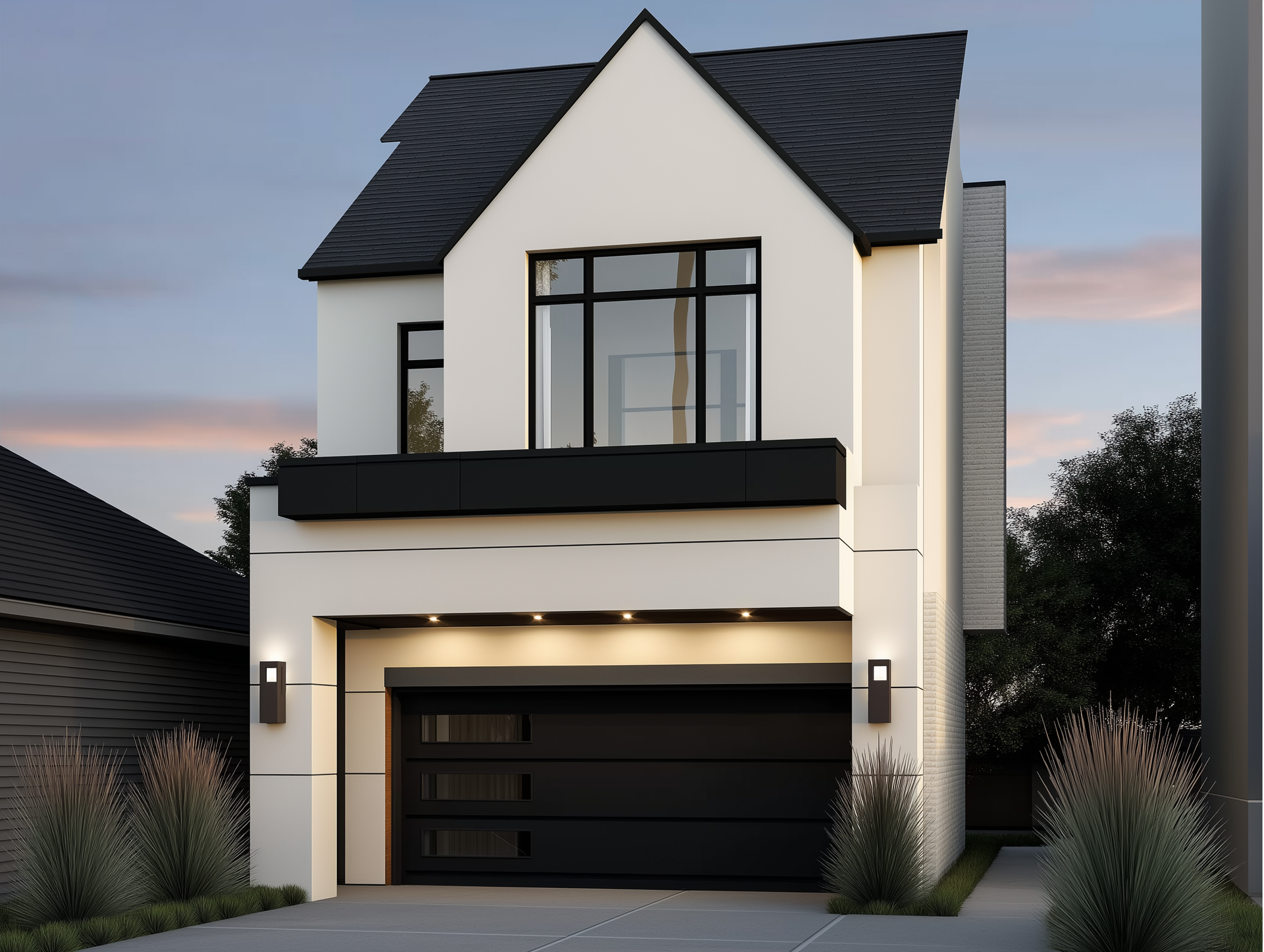 Modern white house with black accents, garage, and roof. Lit by dusk lighting.