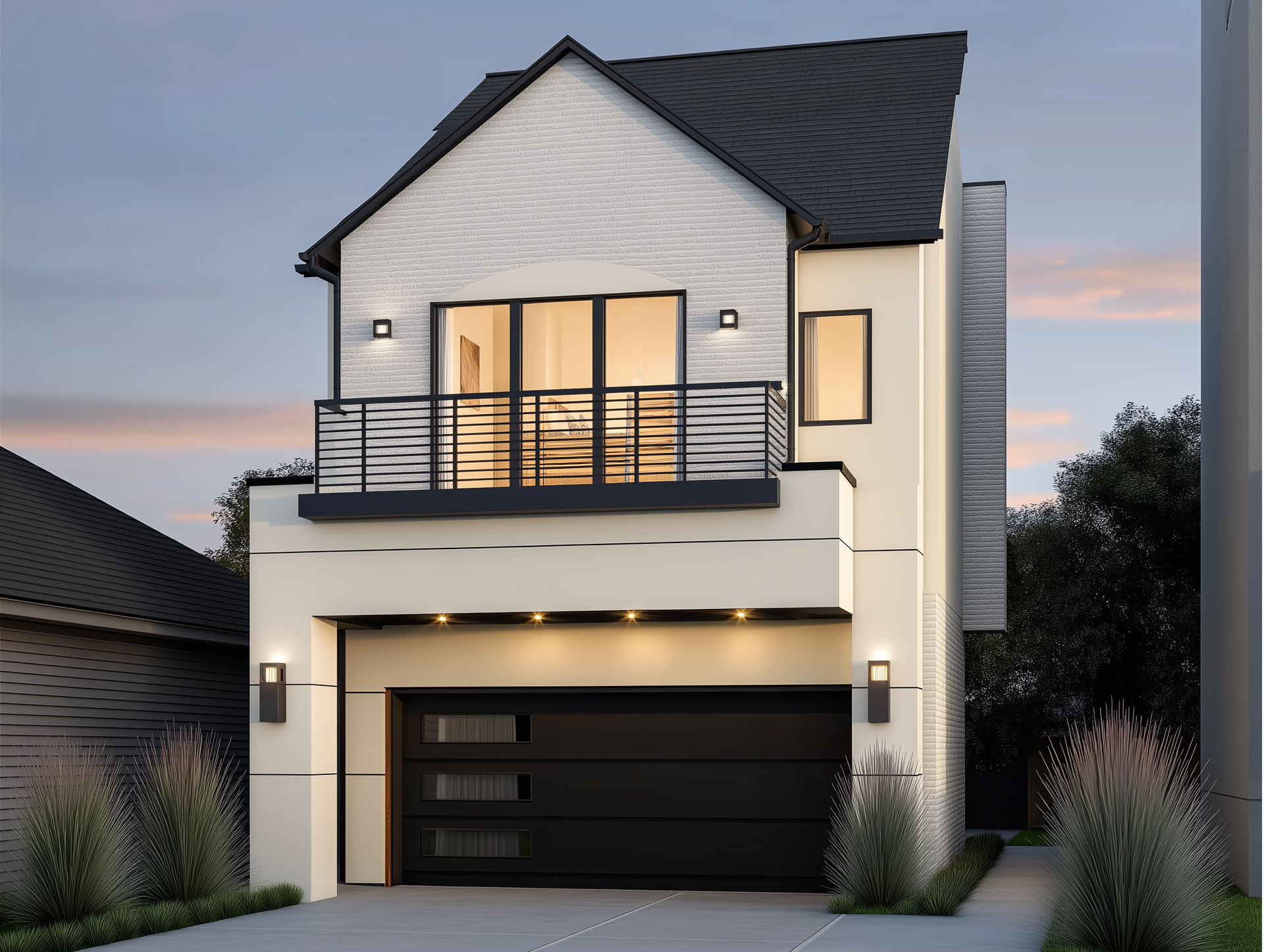 Modern two-story house with black garage door, balcony, and light exterior walls.