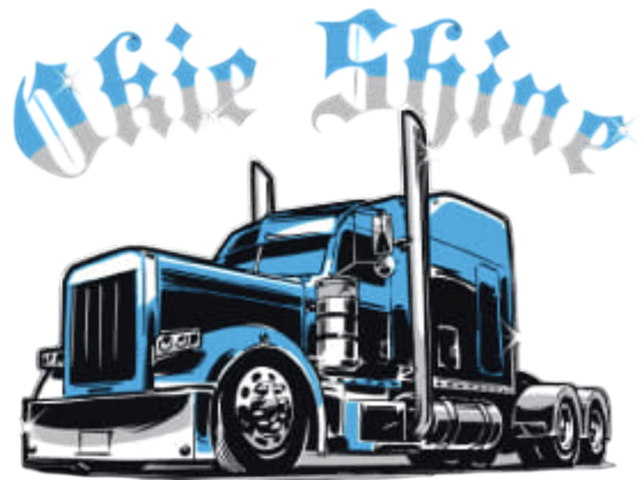 Blue and black semi-truck with "Okie Shine" text above.