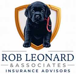 Black puppy in an orange shield logo with “Rob Leonard & Associates Insurance Advisors” text