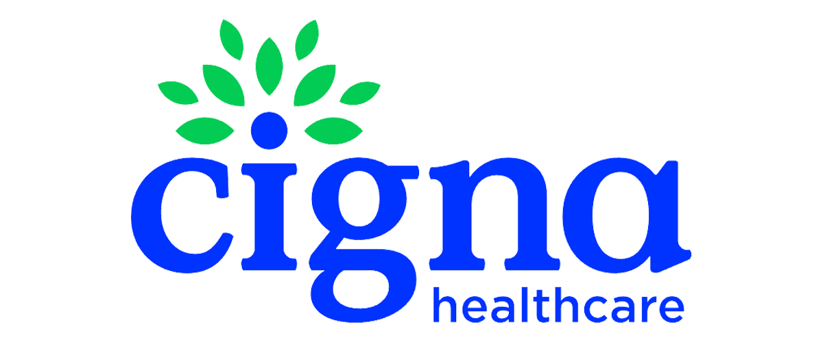 Cigna Healthcare logo in blue and green with leaf icon