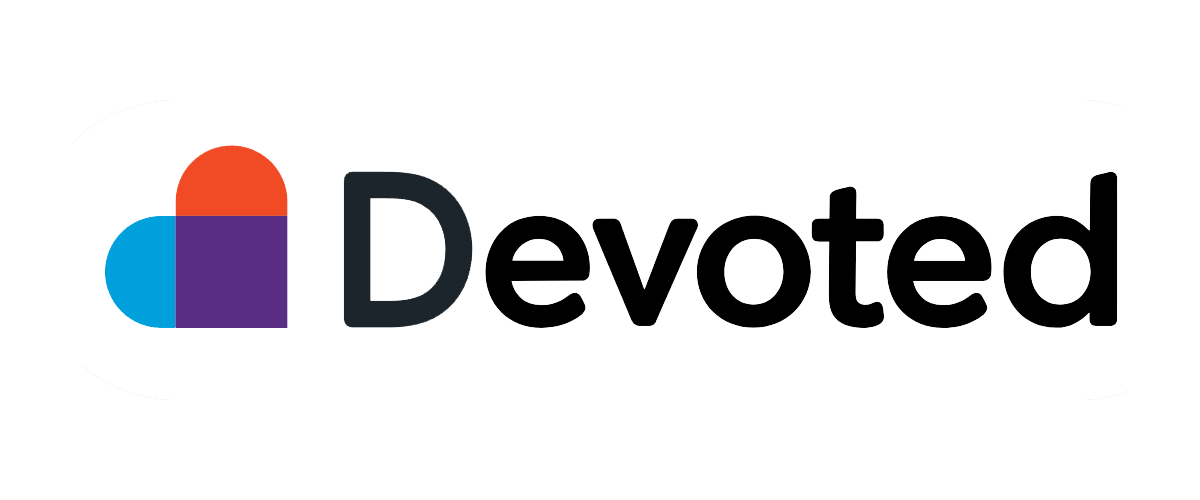 Devoted logo with a purple and orange icon and black wordmark