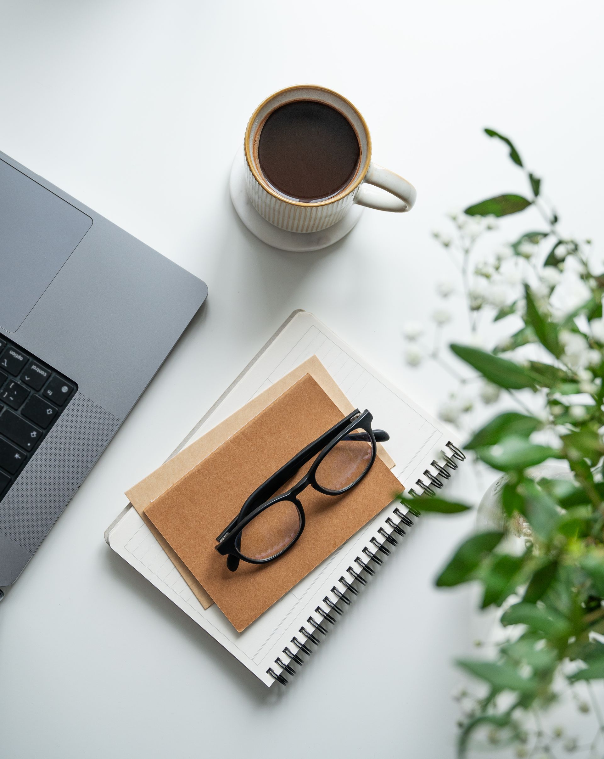 Desk with laptop, coffee mug, notebook, glasses, and a green plant on a white background