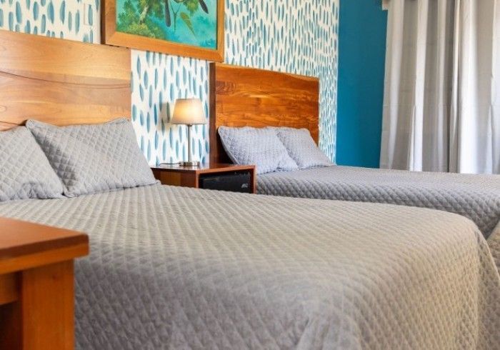 Dos camas individuales en una habitación con papel tapiz estampado azul y blanco, cabeceros de madera y ropa de cama gris.