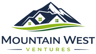 Logo for Mountain West Ventures showing dark blue house silhouettes against a mountain range over a green grassy hill.
