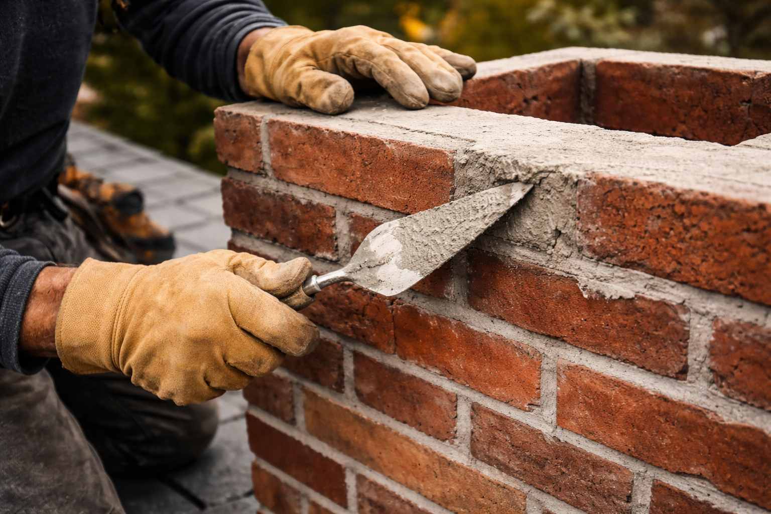 Bricklayer using a trowel to apply mortar between red bricks, wearing work gloves.